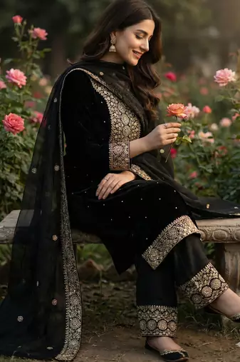 black silk blend  readymade suit with embroidery & sequence work