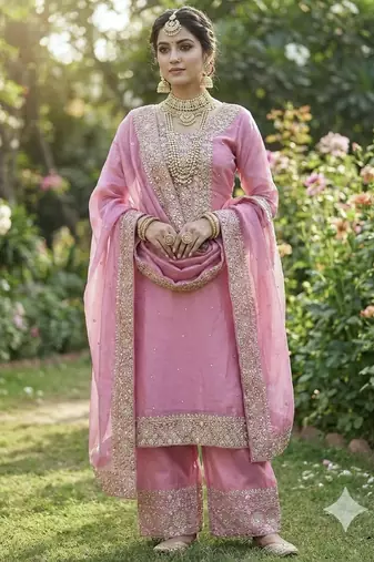 Pink Silk Readymade Suit with Embroidery & Sequence Work