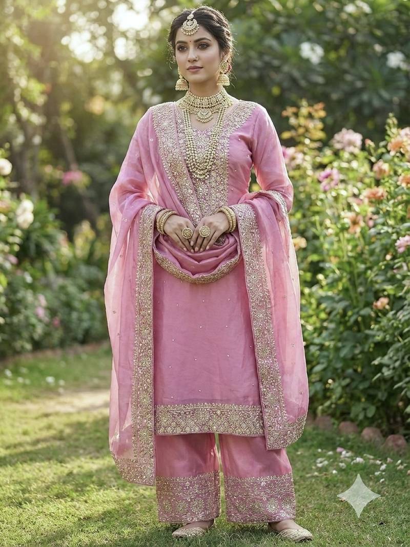 pink silk blend  readymade suit with embroidery & sequence work