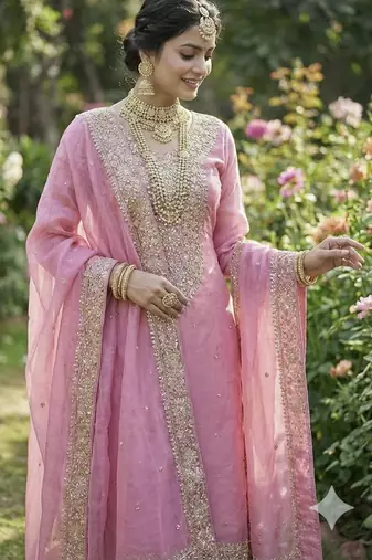 Pink Silk Readymade Suit with Embroidery & Sequence Work