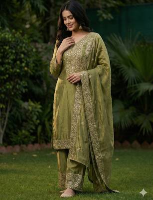 mehendi silk blend  readymade suit with embroidery & sequence work 1