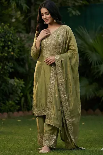 Mehendi Silk Readymade Suit with Embroidery & Sequence Work