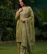 mehendi silk blend  readymade suit with embroidery & sequence work