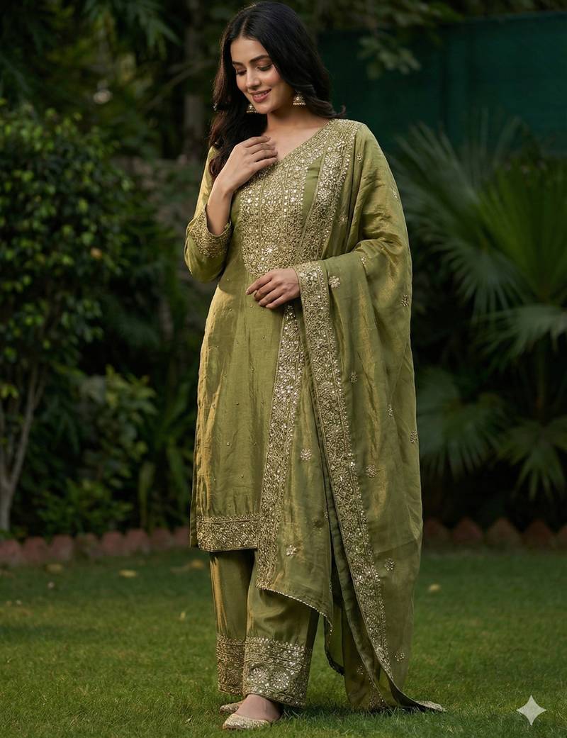 mehendi silk blend  readymade suit with embroidery & sequence work