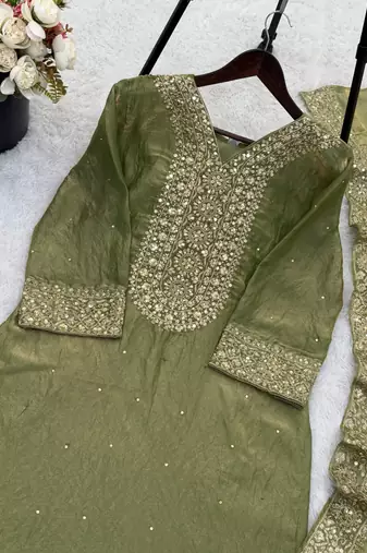 Mehendi Silk Readymade Suit with Embroidery & Sequence Work