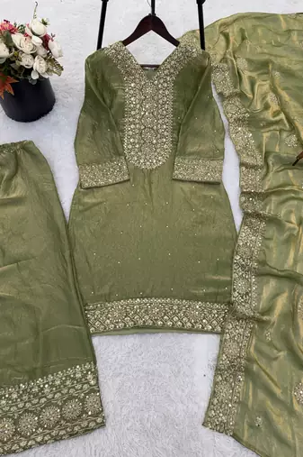 Mehendi Silk Readymade Suit with Embroidery & Sequence Work