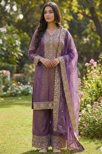 purple silk blend  readymade suit with embroidery & sequence work