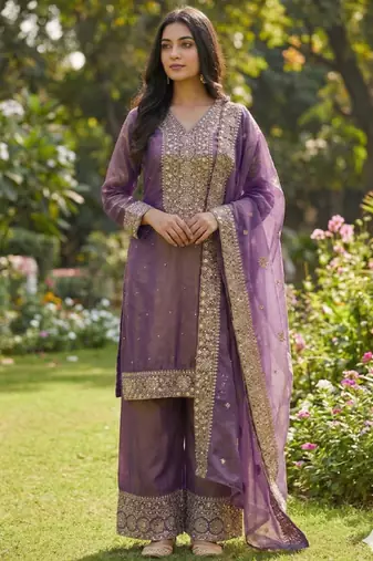 Purple Silk Readymade Suit with Embroidery & Sequence Work