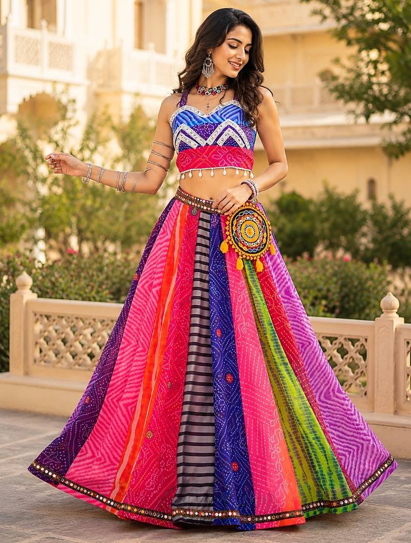 Traditional Multicolored Prints Kali Navratri Lehenga Blouse With Batwa $ Scarve - full stitched free size