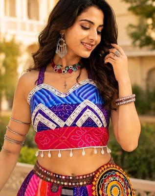 Traditional Multicolored Prints Kali Navratri Lehenga Blouse With Batwa $ Scarve - full stitched free size 3