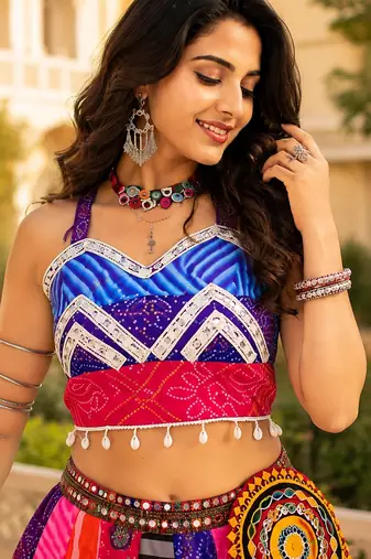 Traditional Multicolored Prints Kali Navratri Lehenga Blouse With Batwa $ Scarve - full stitched free size