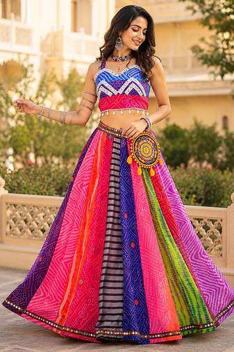 Multied Prints Kali Navratri Lehenga Blouse With Batwa  Scarve - full stitched free size