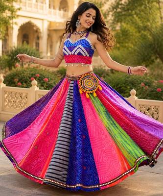 Traditional Multicolored Prints Kali Navratri Lehenga Blouse With Batwa $ Scarve - full stitched free size 2