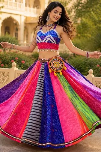 Traditional Multicolored Prints Kali Navratri Lehenga Blouse With Batwa $ Scarve - full stitched free size
