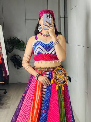 Traditional Multicolored Prints Kali Navratri Lehenga Blouse With Batwa $ Scarve - full stitched free size 3