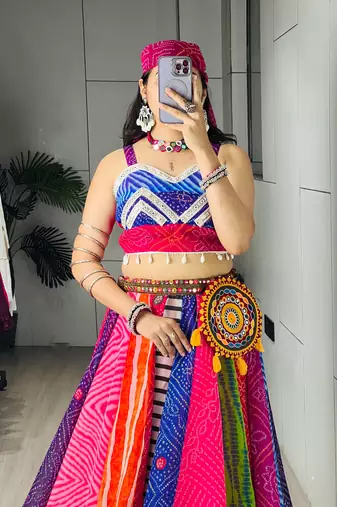 Traditional Multicolored Prints Kali Navratri Lehenga Blouse With Batwa $ Scarve - full stitched free size