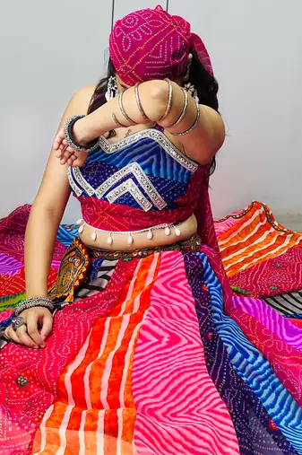 Traditional Multicolored Prints Kali Navratri Lehenga Blouse With Batwa $ Scarve - full stitched free size