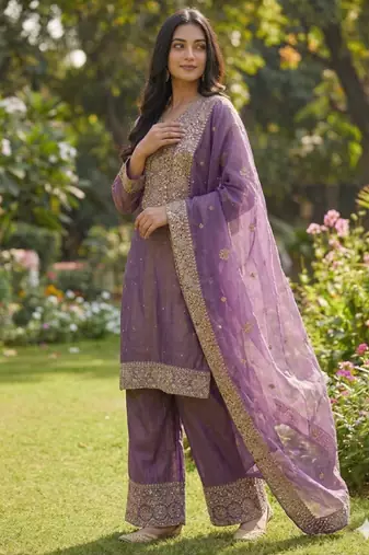Purple Silk Readymade Suit with Embroidery & Sequence Work