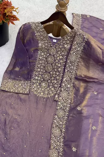 Purple Silk Readymade Suit with Embroidery & Sequence Work