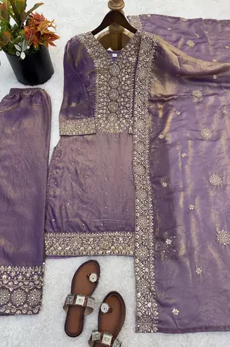 Purple Silk Readymade Suit with Embroidery & Sequence Work