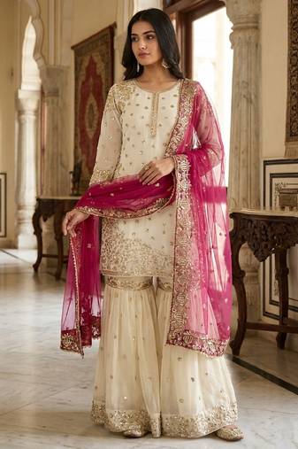 White&Pink Silk Readymade Suit with Embroidery & Sequence Work