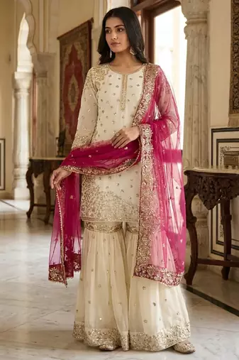 white & pink silk blend  readymade suit with embroidery & sequence work