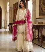 white & pink silk blend  readymade suit with embroidery & sequence work