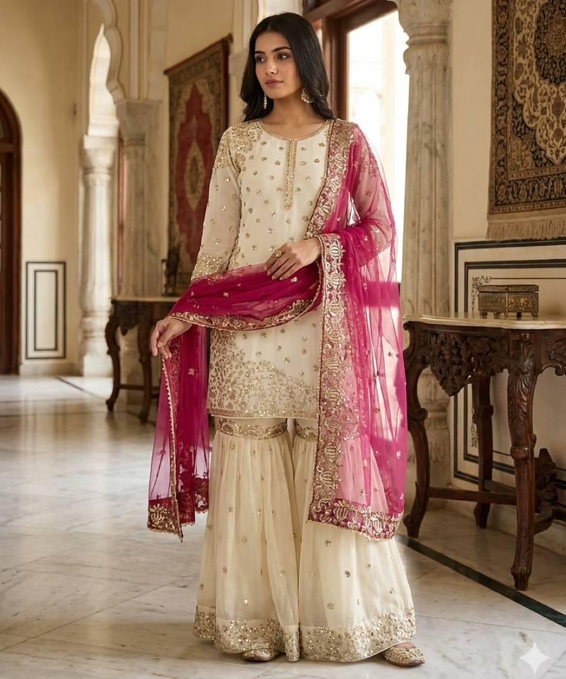 white & pink silk blend  readymade suit with embroidery & sequence work