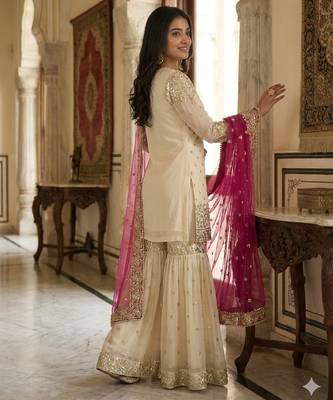 white & pink silk blend  readymade suit with embroidery & sequence work 4