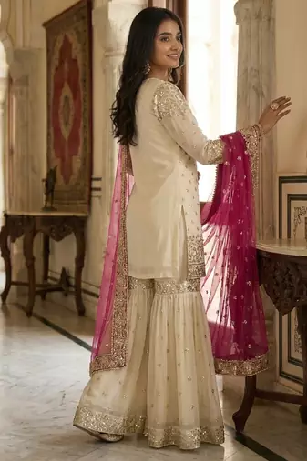 white & pink silk blend  readymade suit with embroidery & sequence work