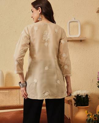 hand embroidered fawn cotton lucknowi chikankari short kurti 2