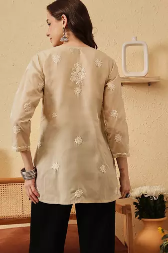 hand embroidered fawn cotton lucknowi chikankari short kurti