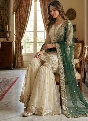 white&d green silk blend  readymade suit with embroidery & sequence work 1