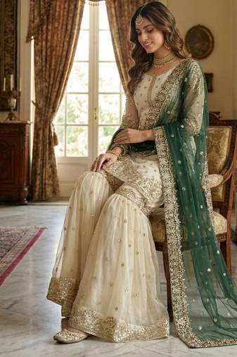 White&D Green Silk Readymade Suit with Embroidery & Sequence Work