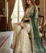 white&d green silk blend  readymade suit with embroidery & sequence work