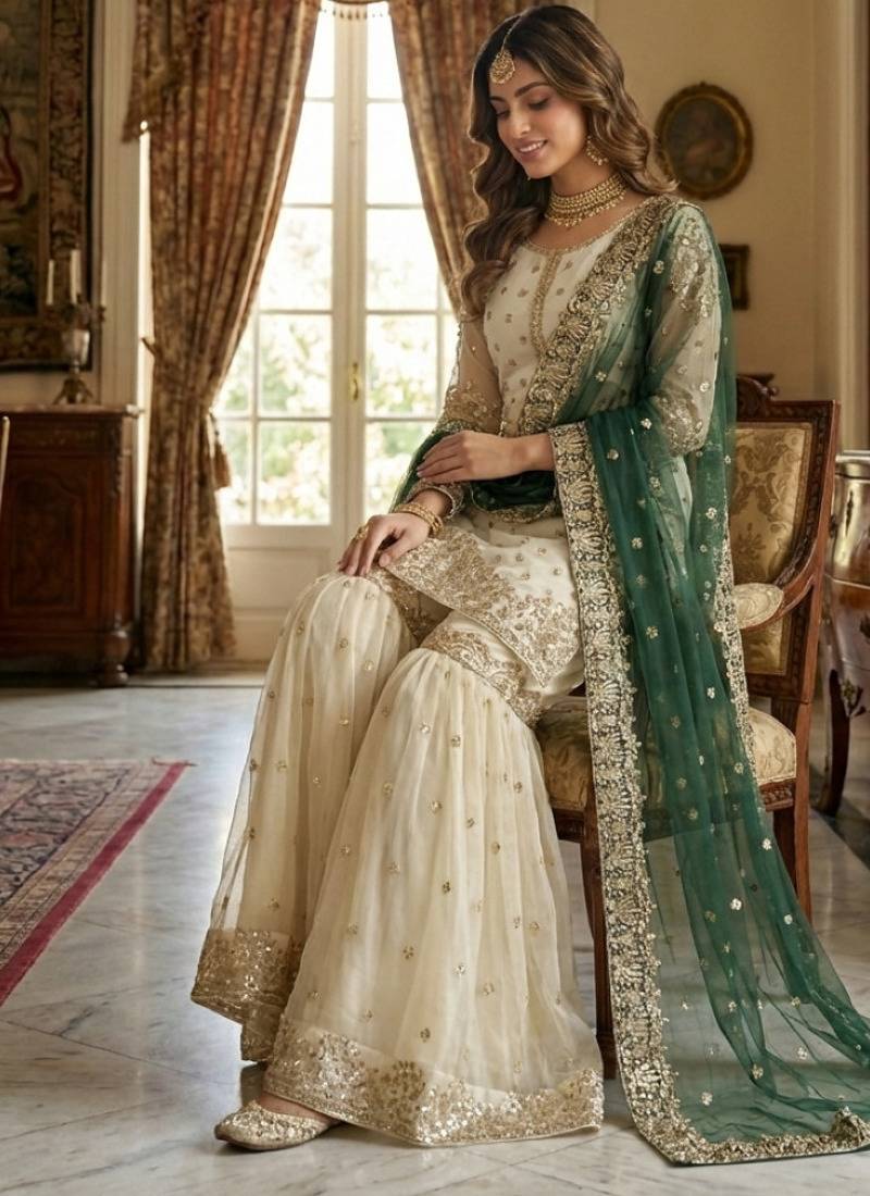 white&d green silk blend  readymade suit with embroidery & sequence work