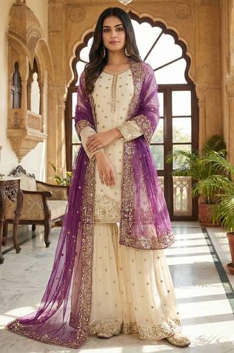 White&Purple Silk Readymade Suit with Embroidery & Sequence Work