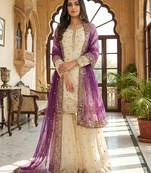 white & purple silk blend  readymade suit with embroidery & sequence work