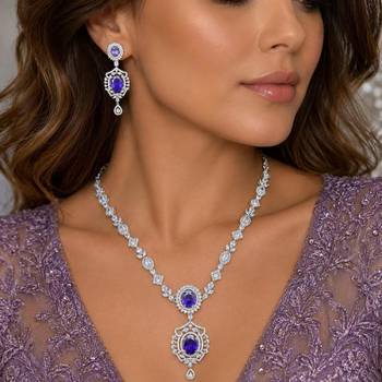 sapphire blue marquise halo cz bridal necklace and chandelier earrings set 1