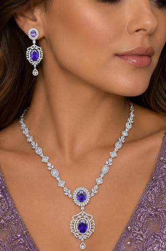 sapphire blue marquise halo cz bridal necklace and chandelier earrings set