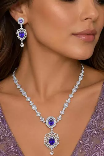 sapphire blue marquise halo cz bridal necklace and chandelier earrings set