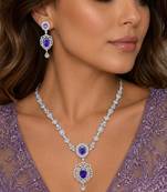 sapphire blue marquise halo cz bridal necklace and chandelier earrings set