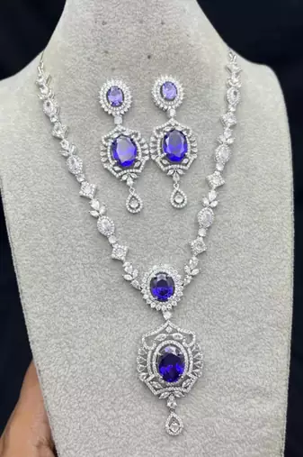 sapphire blue marquise halo cz bridal necklace and chandelier earrings set