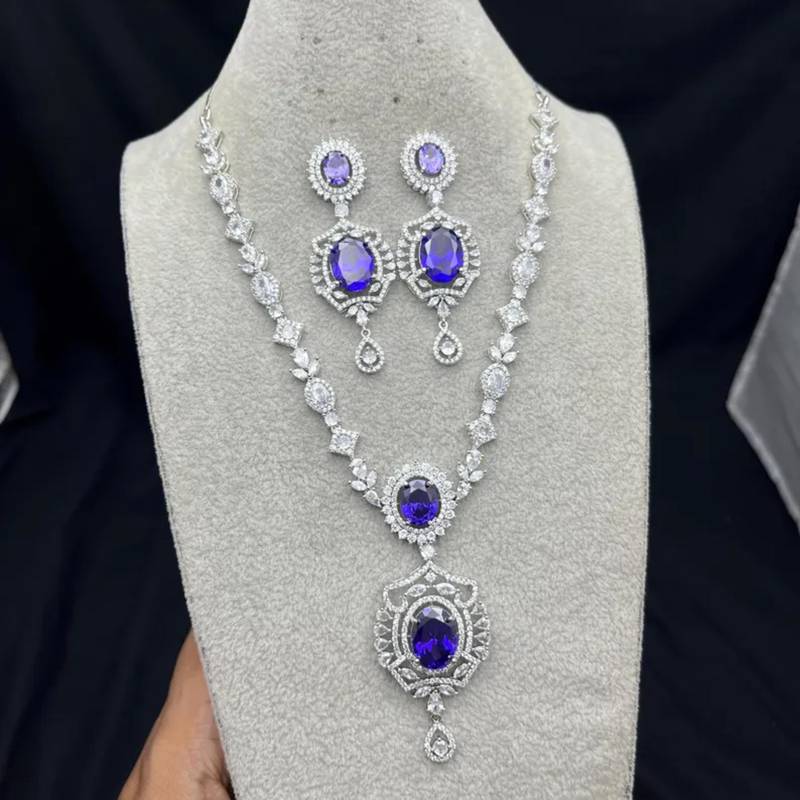 sapphire blue marquise halo cz bridal necklace and chandelier earrings set