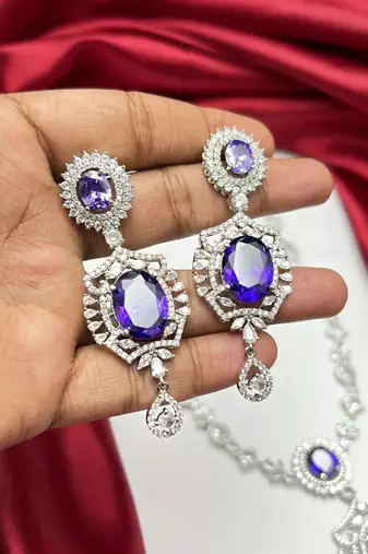 sapphire blue marquise halo cz bridal necklace and chandelier earrings set