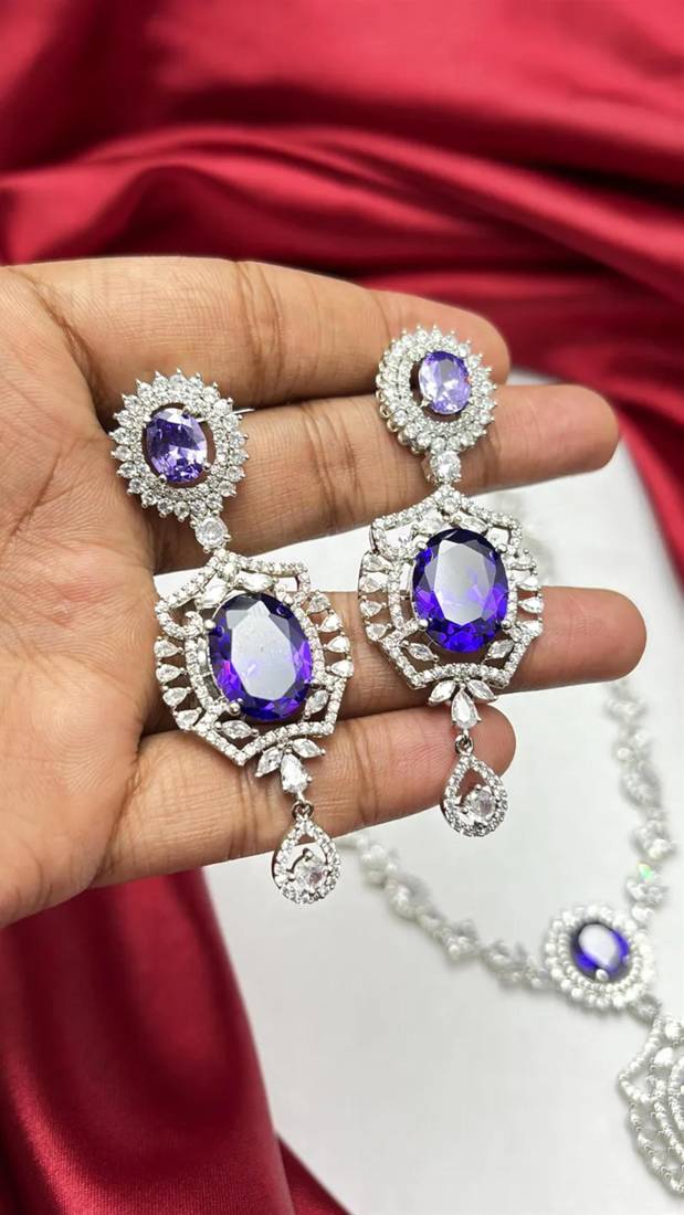 sapphire blue marquise halo cz bridal necklace and chandelier earrings set