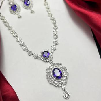 sapphire blue marquise halo cz bridal necklace and chandelier earrings set 4