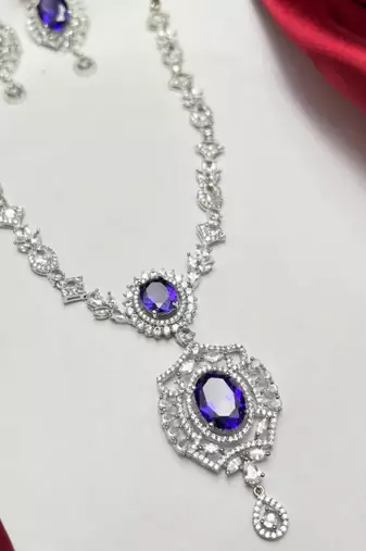 sapphire blue marquise halo cz bridal necklace and chandelier earrings set