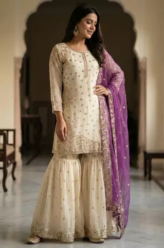 white & purple silk blend  readymade suit with embroidery & sequence work