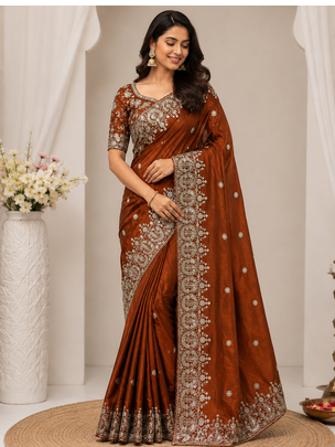 Orange Color Sequance and Zari Embroidery Work Space Silk Blend Saree 1